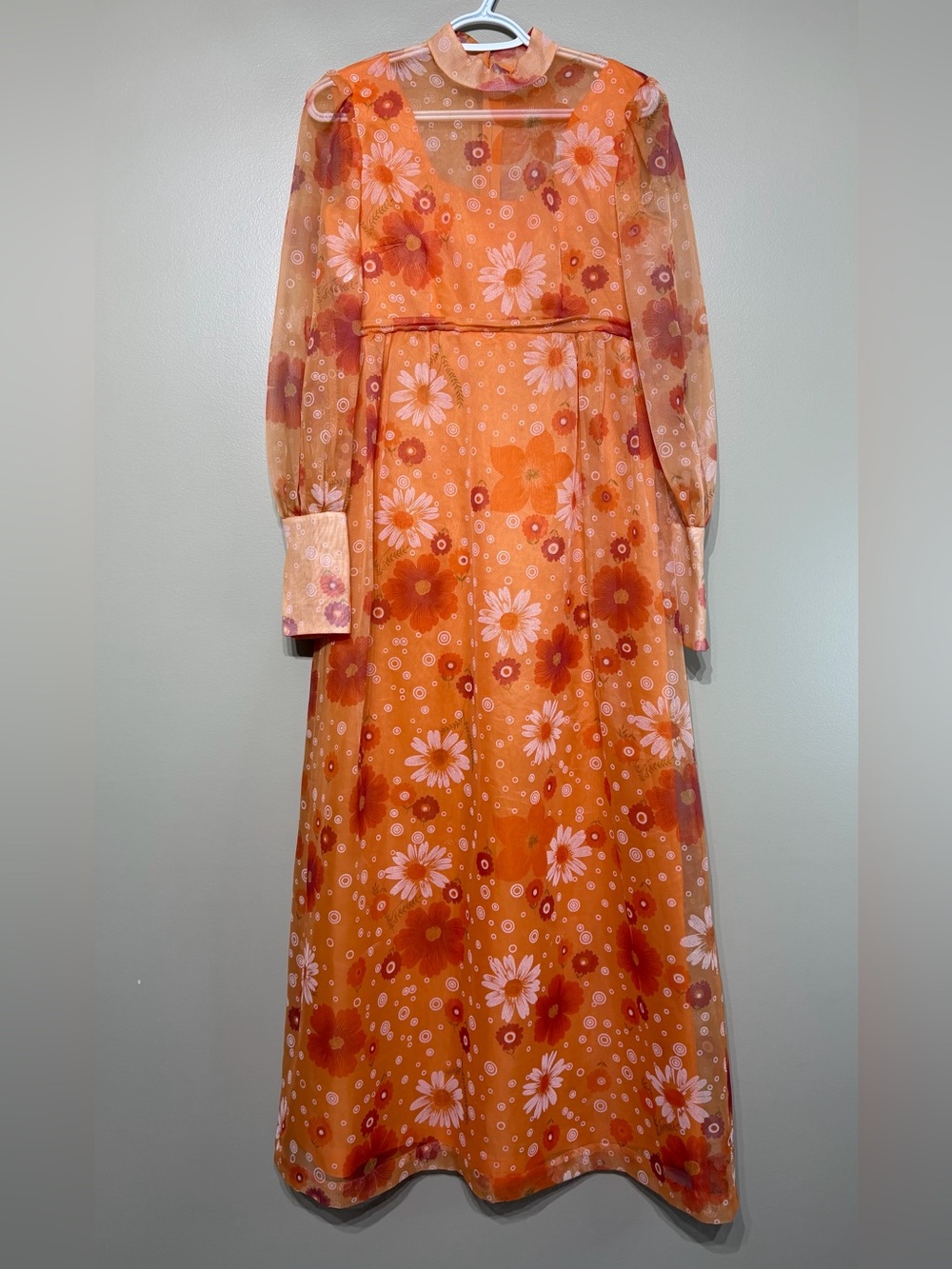 Vintage 1970’s Handmade Orange Mod Floral Sheer Boho Maxi Dress